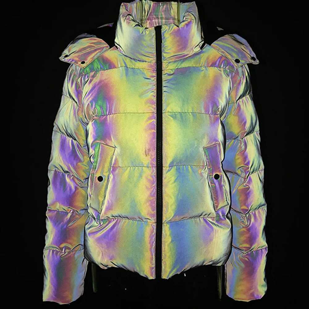 Women's Down Parkas Winter Women Rainbow Reflective Horn Hooded Parkas Down Bubble Coat Puffer Jacket Bling Luminous Cute Hooded Down Jacket Outc