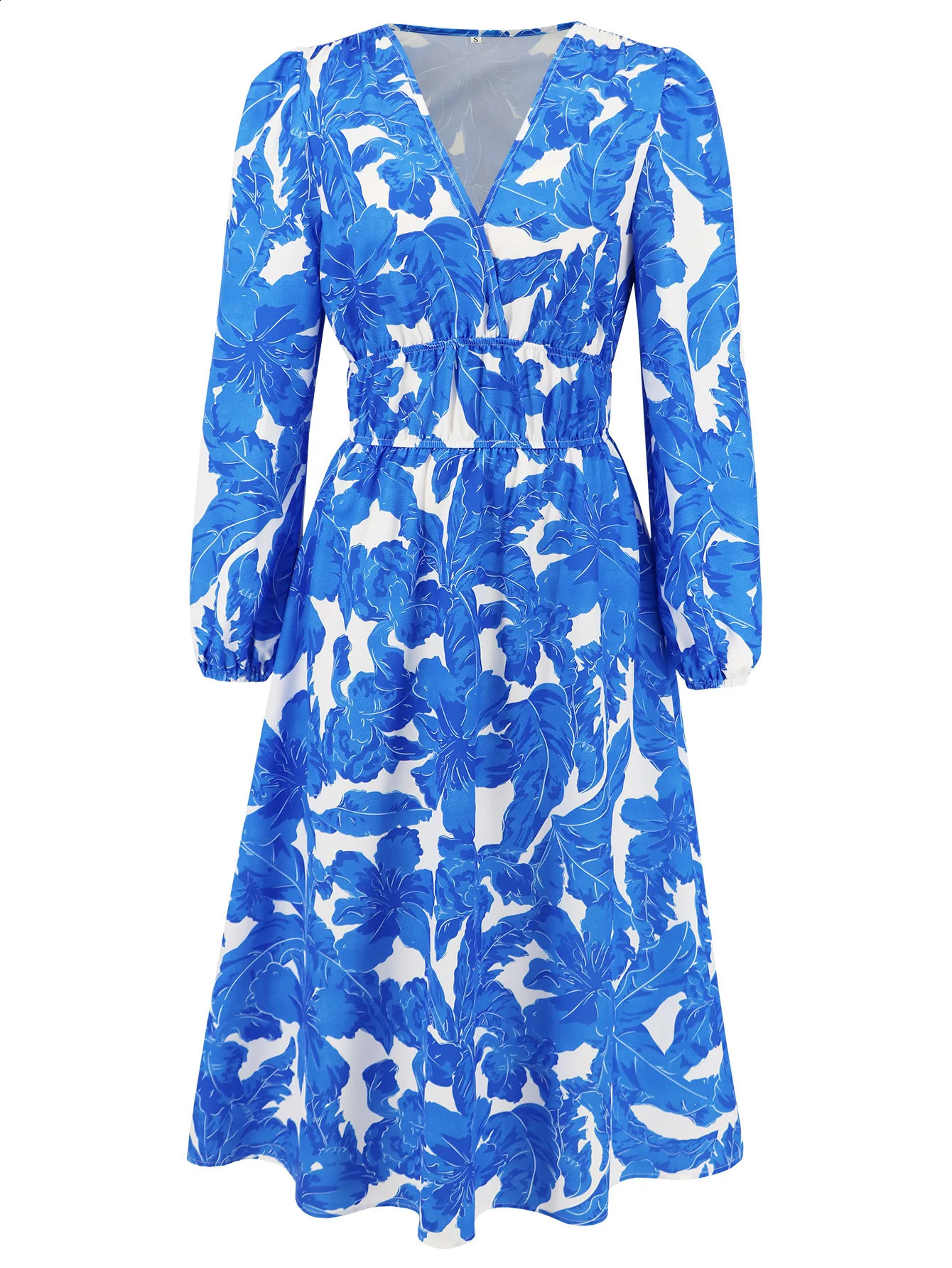 Han Yige European and American Womens Slim Fit Temperament Printed Waist Cinched Long Sleeved Dress 240824