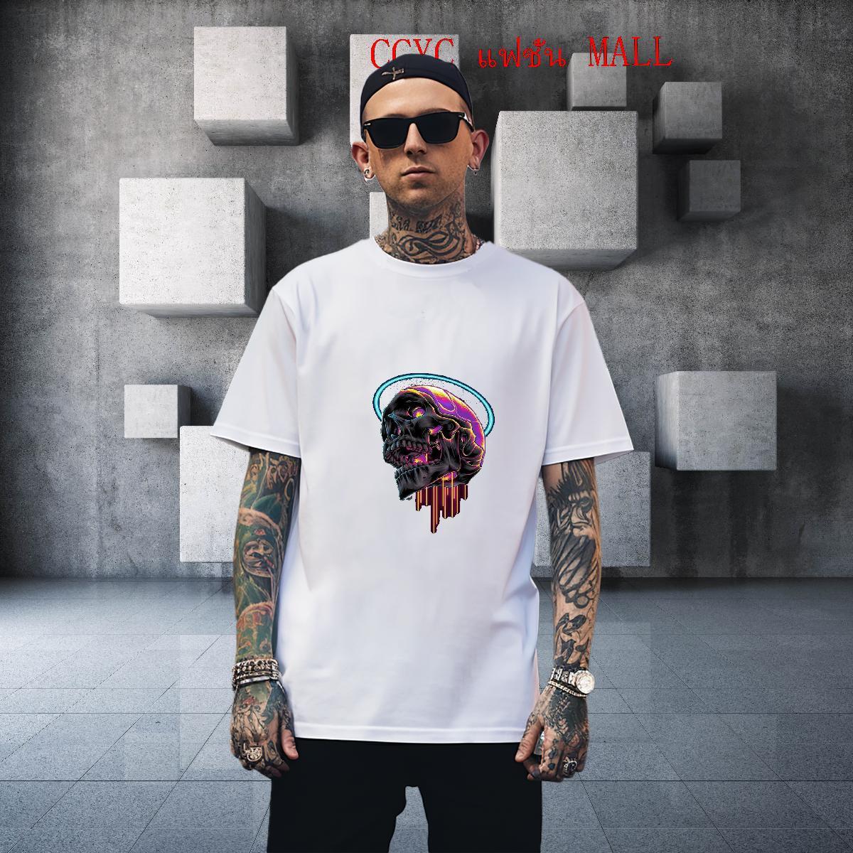 Loose Man T Shirts 230g 100% Cotton skull Hip Hop Plus Size Cartoon Crew Neck Breathable Tshirts Fashion New Tops Shirt
