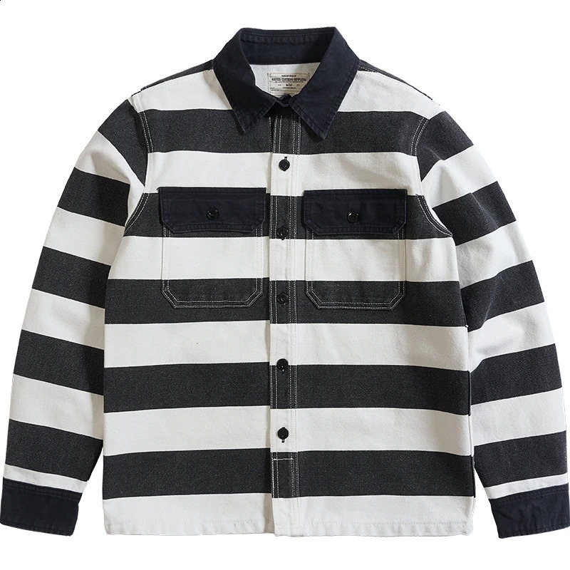 Autumn American Retro 16oz Heavy duty Prisoner Striped Jacket Mens Fashion Pure Cotton Washed Thick Canvas Motorcycle 240823