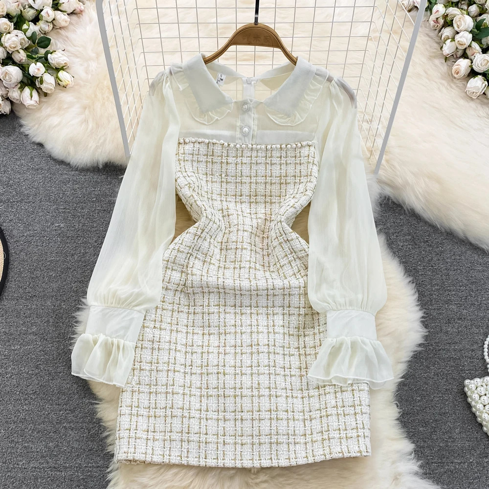 Autumn Elegant Mini Dress for Women Bodycon Tweed Patchwork Long Sleeve Beading Slim Female Tarf Chic Vintage Robe Party 240824