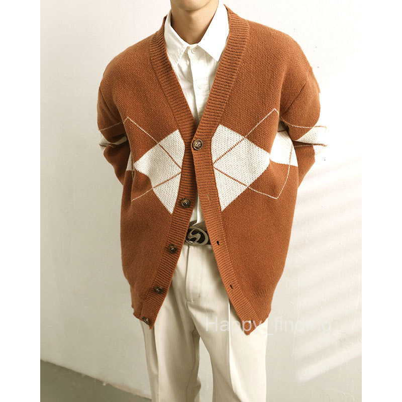 Korean Version New Loose Knitted Jacket Autumn and Winter Mens High-end and Stylish Design Diamond Grid Sweater Cardigan Mens