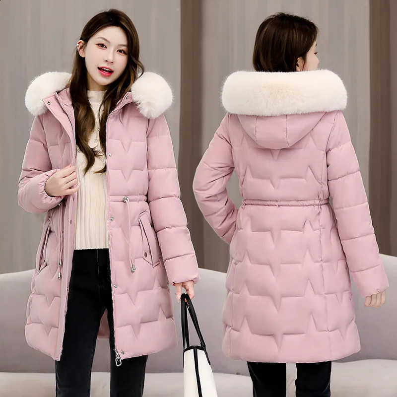 winter womens Parka fur hooded jacket thick cotton padding cushioned casual long clothing loose 240823