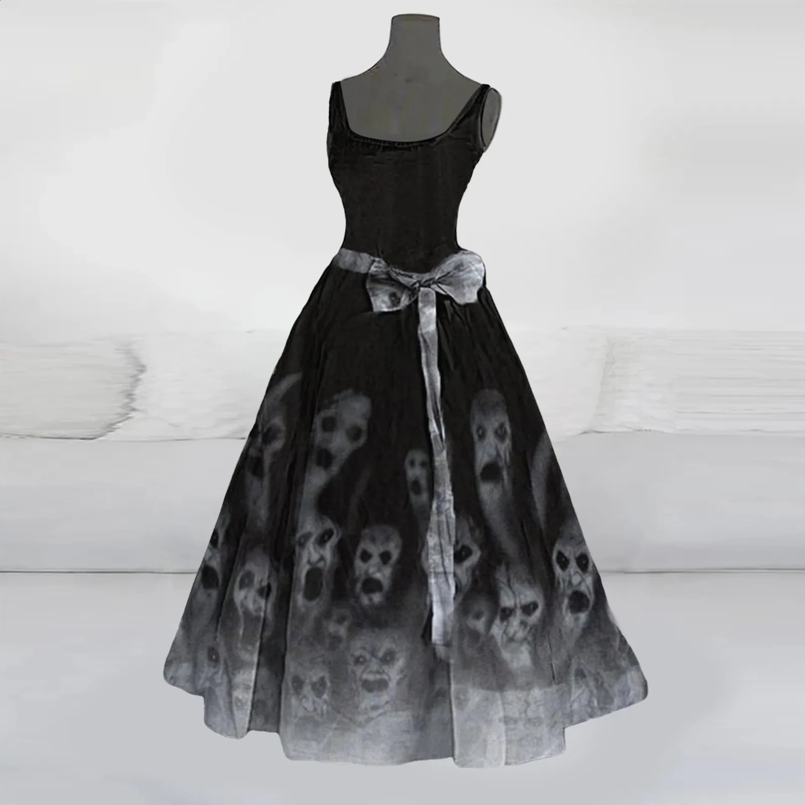 Halloween Horror Costume Womens Ball Dress Bloody Print Fluffy Sleeveless Tuned Cocktail Wedding Guest 240823