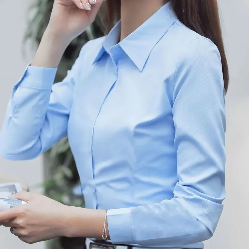 Fashion Women White Shirts Korean Long-sleeve Professional Formal Work Shirt Ladies Office OL Buttons Turndown Collar Blouses 240823