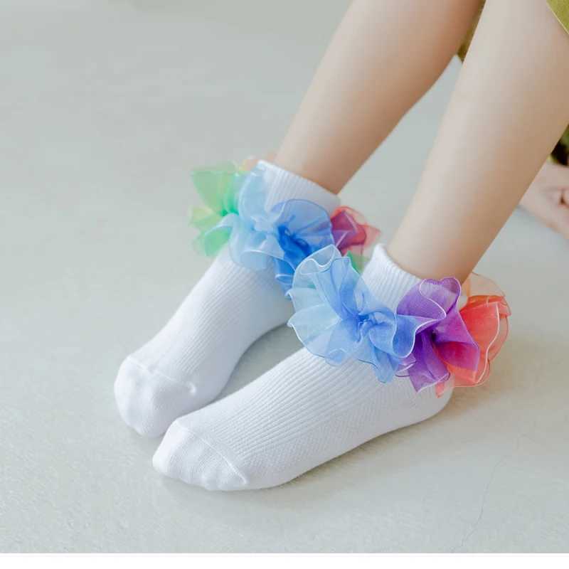 Rainbow - colored ruffled cotton socks childrens flanged dance socks princess cotton socks for students comfortable and breat CL240824