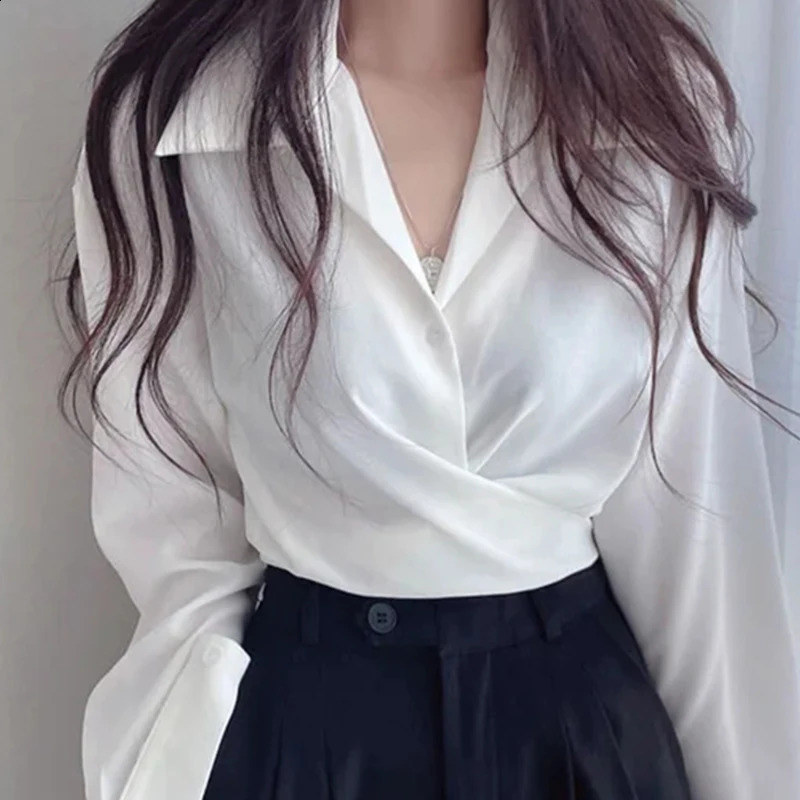 OIINAA Solid Shirts for Women Tops Vintage Long Sleeve Slim Chic Short Casual V-Neck Blouse Irregular Summer Fashion Korean Top 240823