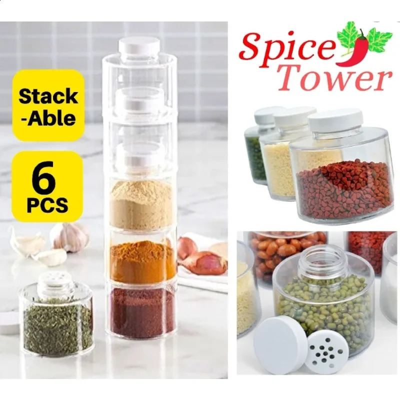 6Pcs/Set Spice Jar Pepper Shaker Box Spice Tower Herb Spice Tools Transparent Seasoning Cans Kitchen Rack Condiment Bottles 240823