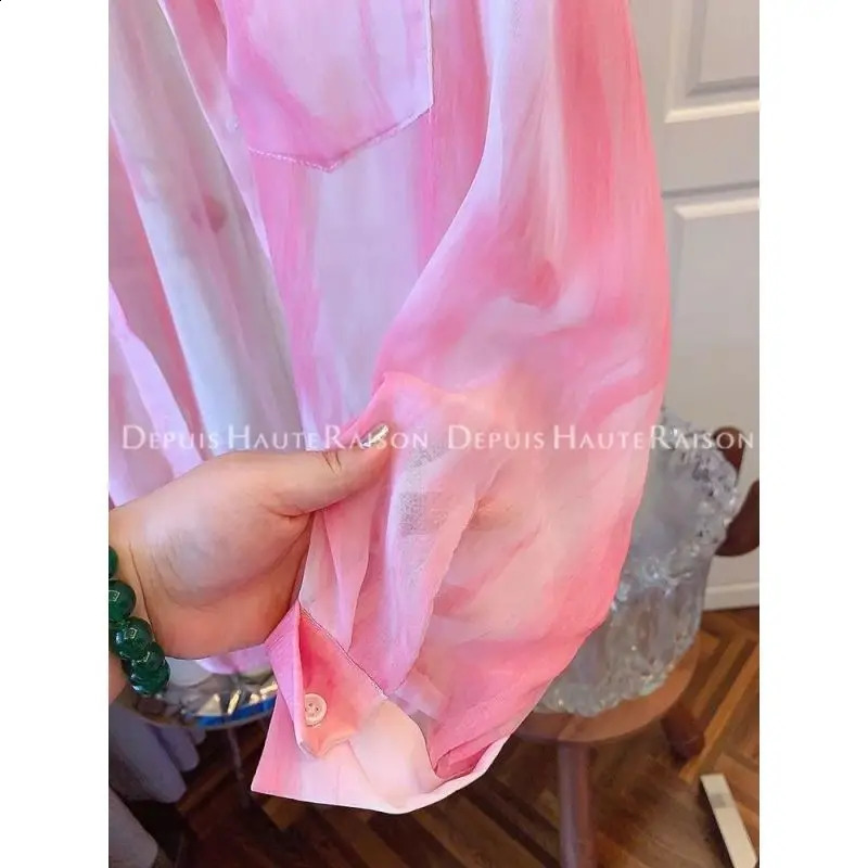 Women Summer Korean Loose Sweet Tie Dye Chiffon Polo-Neck Long Sleeve Sunscreen Shirts Women Clothes Casual All-match Trend Tops 240823