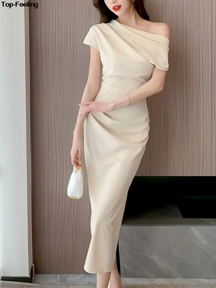 Elegant Off Shoulder Evening Party Dresses Women Summer Fashion Slim One Piece Solid Vestidos Korean Graduation Robe Clothing 240824
