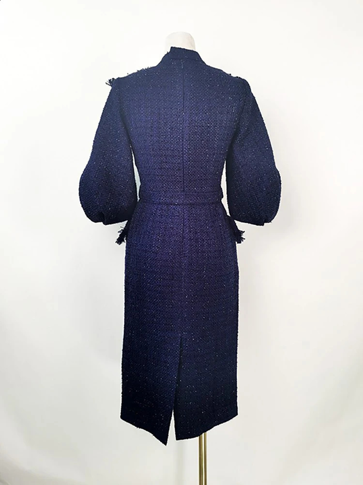 DEAT Womens Fashion Tweed Dress O-neck Short Puff Sleeve Burr Bow Belt Pocket Elegant Casual Dresses Winter 13DB3713 240824