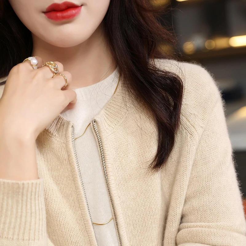 Womens cardigan autumn/winter casual knitwear 100% pure wool round neck jacket fit Tops Japanese/Korean style zipper Blouse 240824
