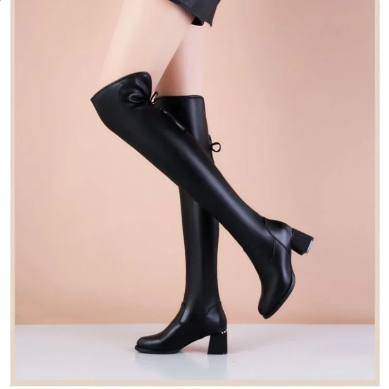 Womens soft leather elastic boots womens short plush long boots autumn thick boots knee boots 240823