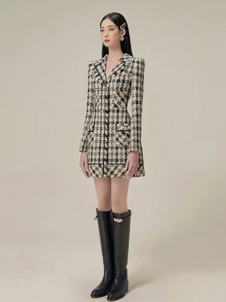 DEAT Womens Fashion Tweed Suit Dress Notched Collar Long Sleeve Single Breasted Plaid Elegant Coat Autumn 13DB1384 240824