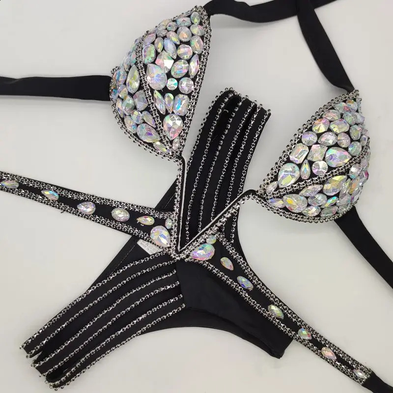 vacation V collar rhinestone swimwear daimond bikini set push up swimsuit bling stones bathing suit 240823