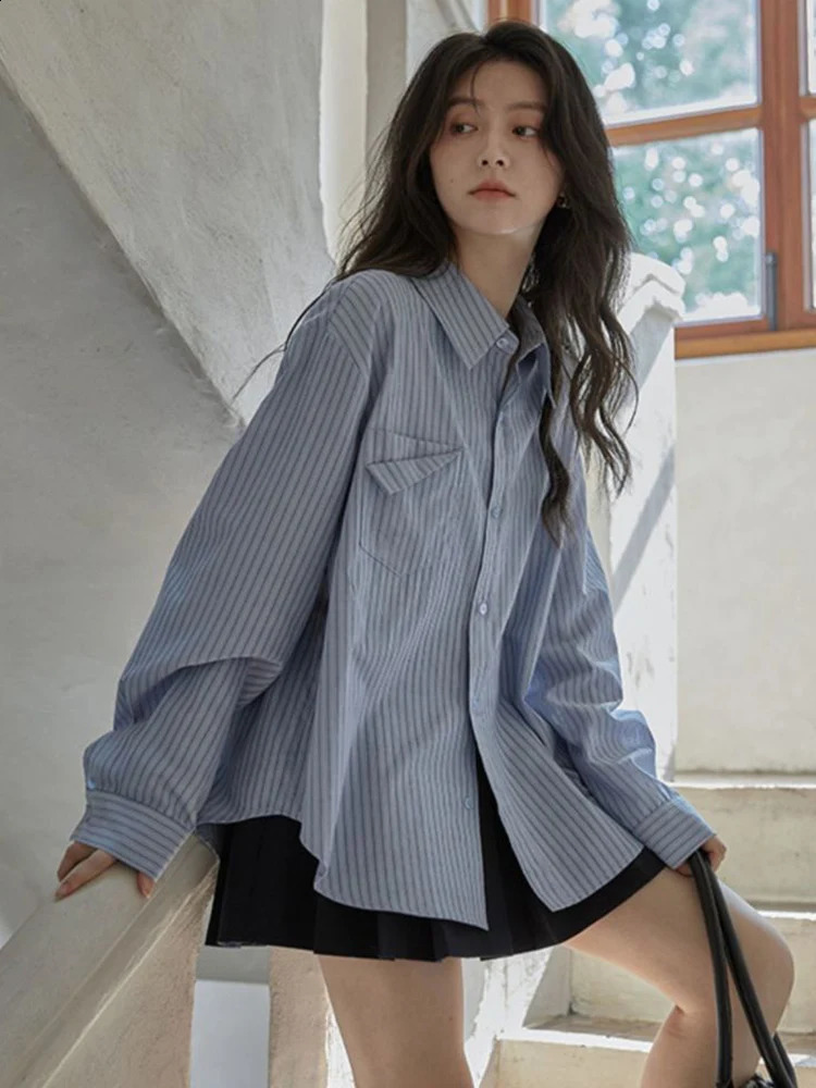 Zoki Women Sweet Elegant Striped Shirt Simple Vintage Loose Korean Blouse Harajuku All Match Long Sleeve Retro Female Tops 240823