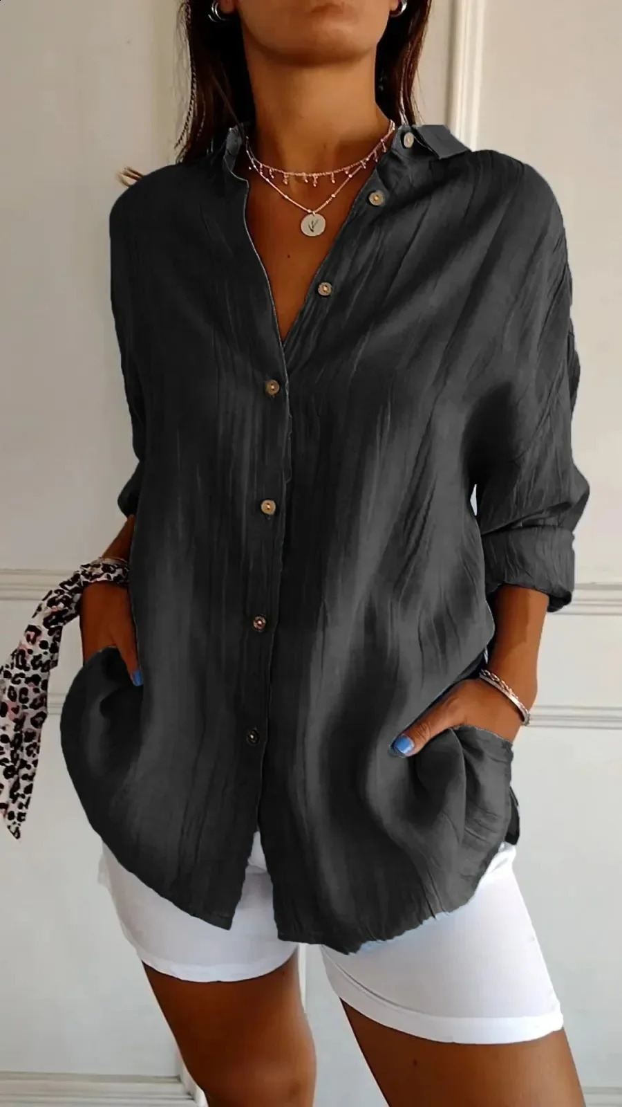 Autumn womens solid color shirt fashion item lapel single breasted pleated long sleeved comfortable casual shirt 240823