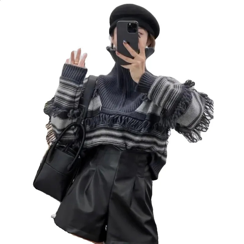 Japanese Y2K Women Sweater Vintage Tassel Knitted Pullover Harajuku Ulzzang High Street Turtleneck Zipper Sweater Jumper 240824