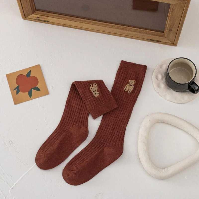 Fashion Kids Girls Knee High Socks Cartoon Bear Embroidery Cotton Socks For Girls Long Tube Sock Children School Socks 1-8Years CL240824