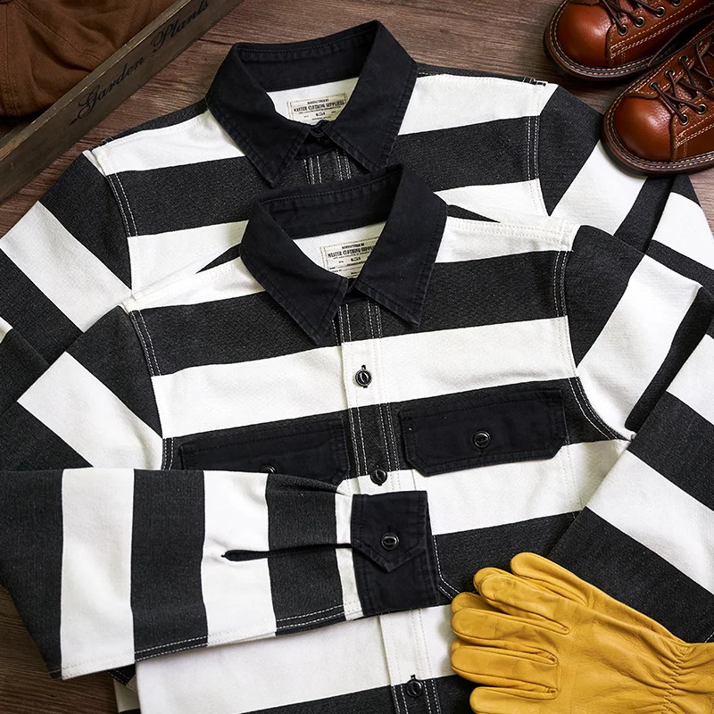 Autumn American Retro 16oz Heavy duty Prisoner Striped Jacket Mens Fashion Pure Cotton Washed Thick Canvas Motorcycle 240823