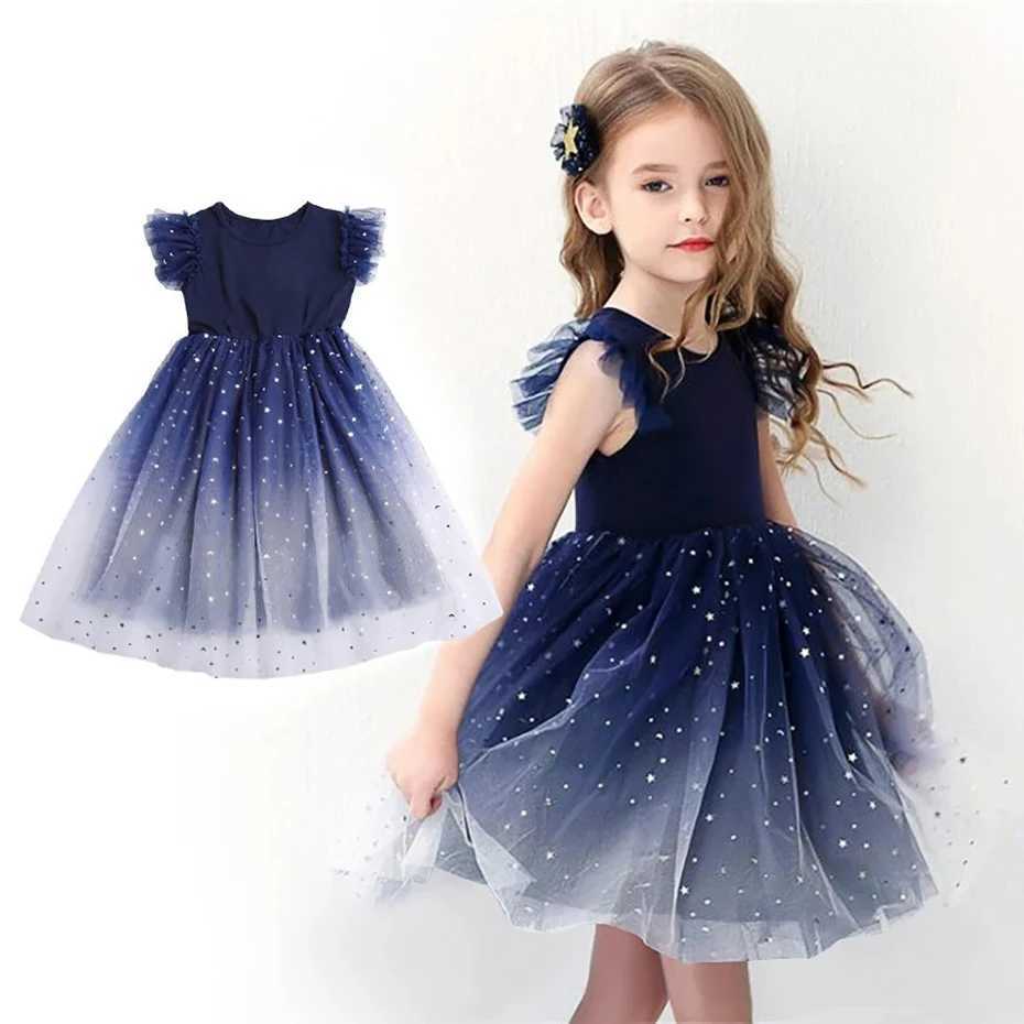 Summer girl dress princess star sleeveless chiffon Tutu dress 4-8 year old childrens birthday party furry dress childrens clothing W240823