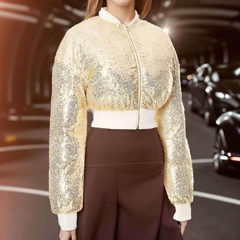 Women's Down Parkas Fashion Women Shiny Gold Sequins Puffer Jacket Cute Warm Bubble Coats Glitter Sequin Parkas Down Zipper Cropped Jackets Parka