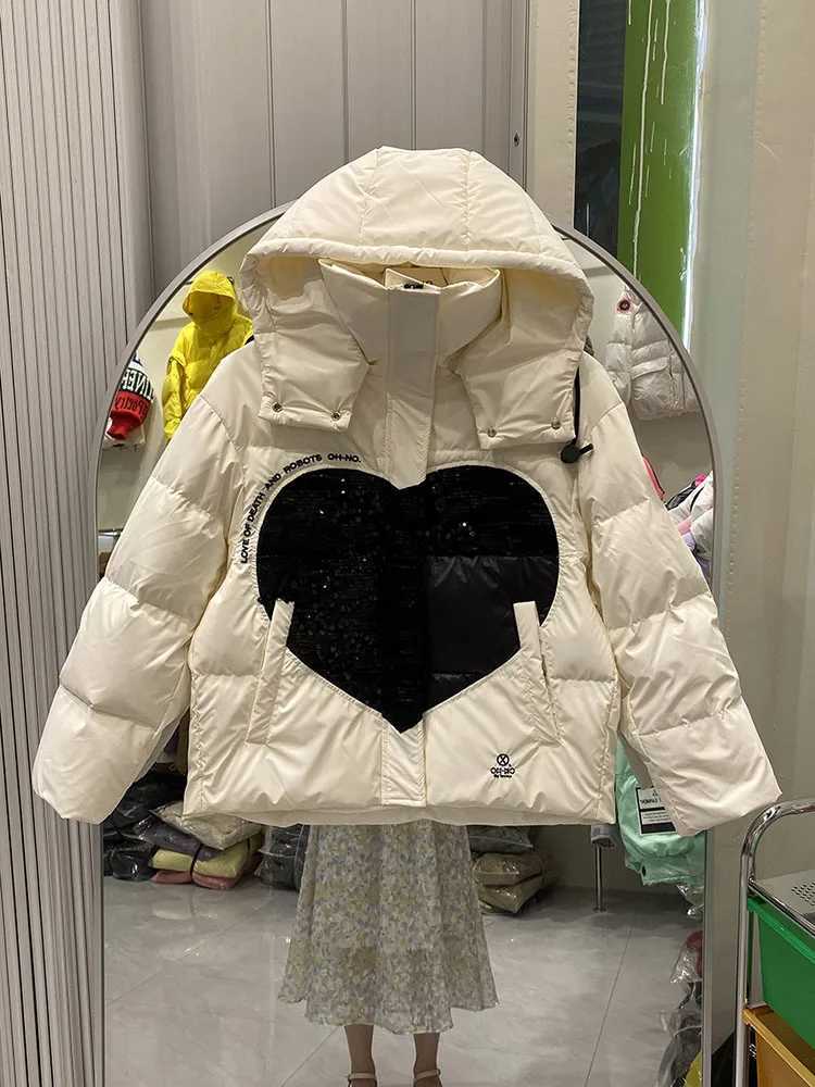 Women's Down Parkas QNPQYX New Detachable Hooded Park Womens Short Fashion Jacket Splicing Glitter Love Winter Inflatable Jacket Y240824W0DJ