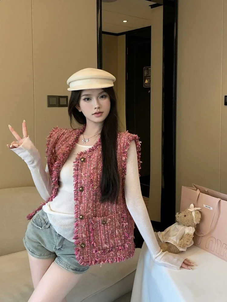 Autumn Tweed Vest Tassel Woven Sleeveless Fragrant Women Waistcoat 240823