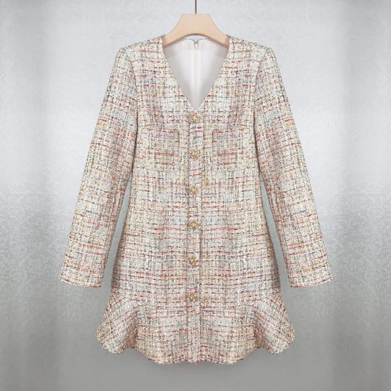 Women Colorful Tweed Dress Ruffles Spliced V-Neck Long Sleeve Single Breasted Elegant Autumn Mini Robe 240824