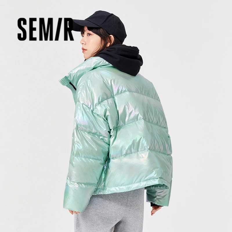 Women's Down Parkas Semir Down Jacket Women White Duck Down Colorful 2023 Winter New Contrasted Color Stand Collar Loose All-Match Bread Jacket Y