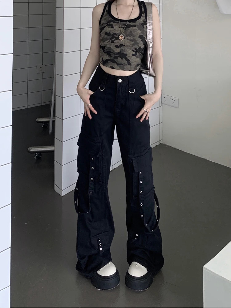 Womens Black Gothic Y2k Freight Jeans Harajuku 2000s 90s Fashion Pocket Denim Trouser Emo Retro Garbage Clothing 240823