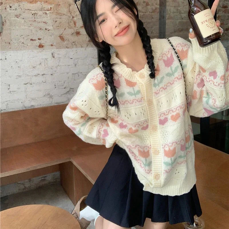 Rimocy Sweet Flower Knit Cardigan Women Autumn Winter Single-Breasted Warm Sweaters for Woman Korean Style Long Sleeve Cardigans 240814