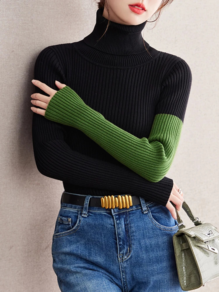 Contrast Color Splicing Slim Fit Top Autumn Long Sleeve Turtleneck Sweater Women Soft Knitted Pullover Tops 240824