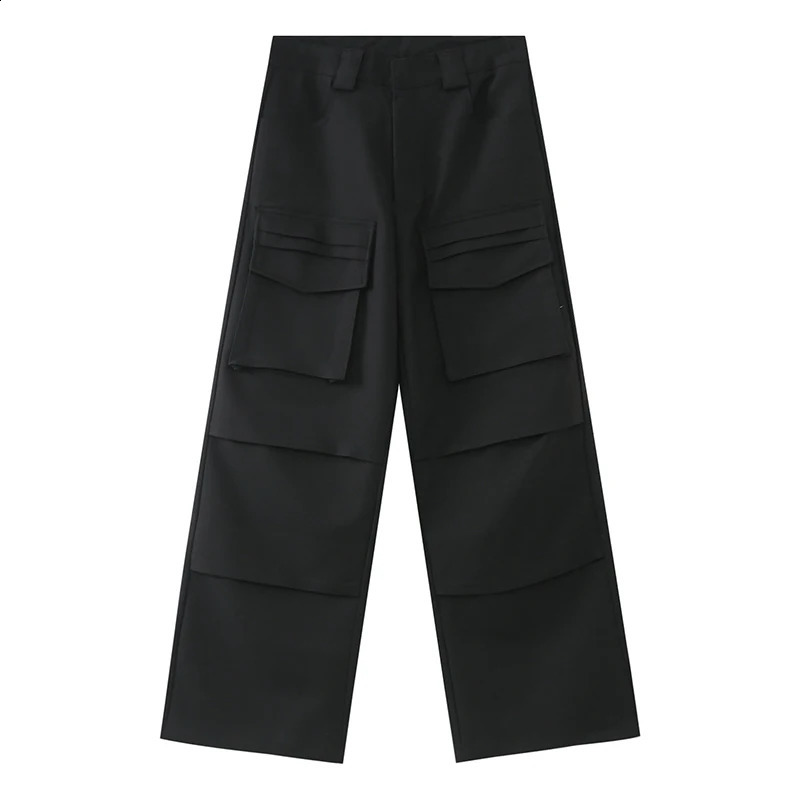 Retro cargo pants mens solid color large pocket straight wide leg casual 240823
