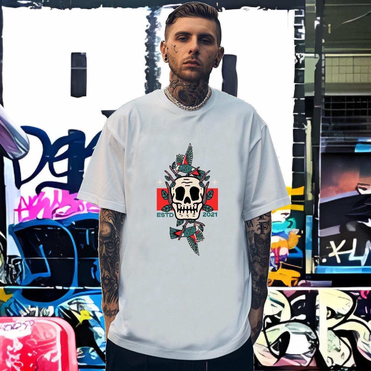Cool T-Shirts for Men 230g Pure Cotton skull High Street Hip Hop Asian Size Breathable Short Sleeve Men Tops Tees DIY Tshirts