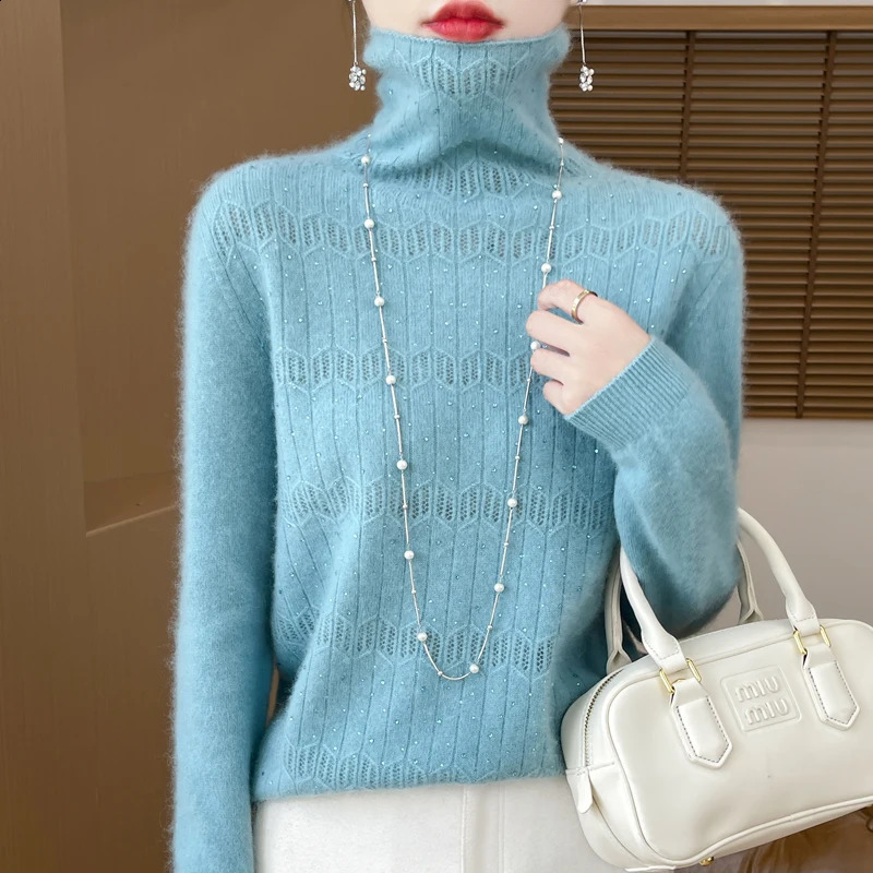 Womens Pullover Autumn/Winter 100% Pure Wool Sweater Casual Solid Knitted Sweater Turtleneck Loose Tops Fashion Hollow Blouse 240824