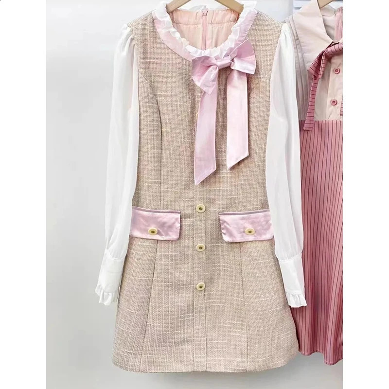 Women Spring Autumn Sweet Pink Mini Dress Korean Lady Graceful Bowknot Patchwork Long Sleeve Dresses Tweed Gown Female 240824