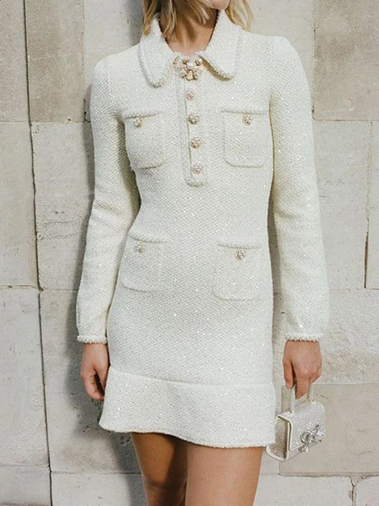 UCXQ Elegant Short Dress European Style Tweed Lapel Beading Button Long Sleeve Fashion Dresses For Women Spring Summer 9896 240824