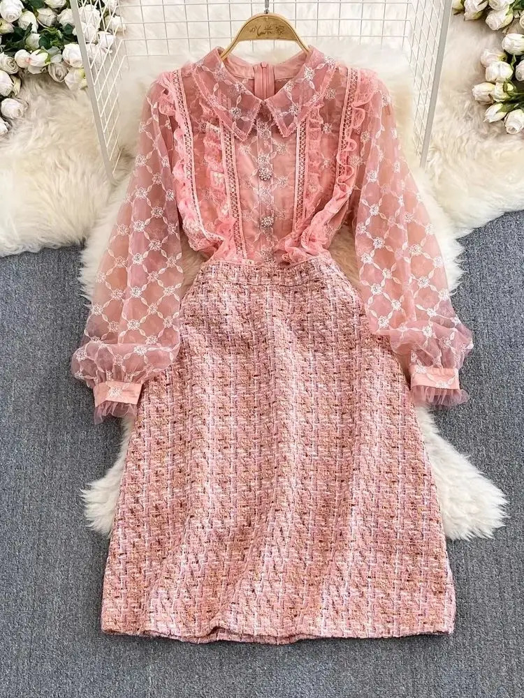 Fashion Celebrity Lace Mesh Flower Embroidery Ruffles Stitching Tweed Long Sleeve Diamonds Buttons Woolen Short Dresses 240824