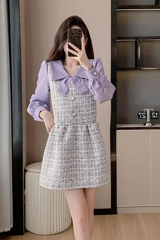 Purple Tweed Dress Women Small Fragrance Patchwork Long Sleeve High End A-line Mini Dresses Elegant Vestidos French Style 240824