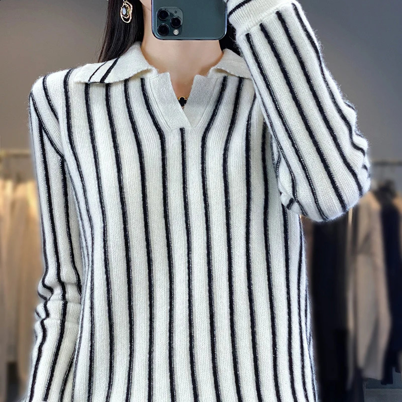 100% Merino Wool Sweater Womens Pullover Autumn Winter Most Trend Womens Clothing Fashion Classic Striped Knit POLO Neck Top 240824