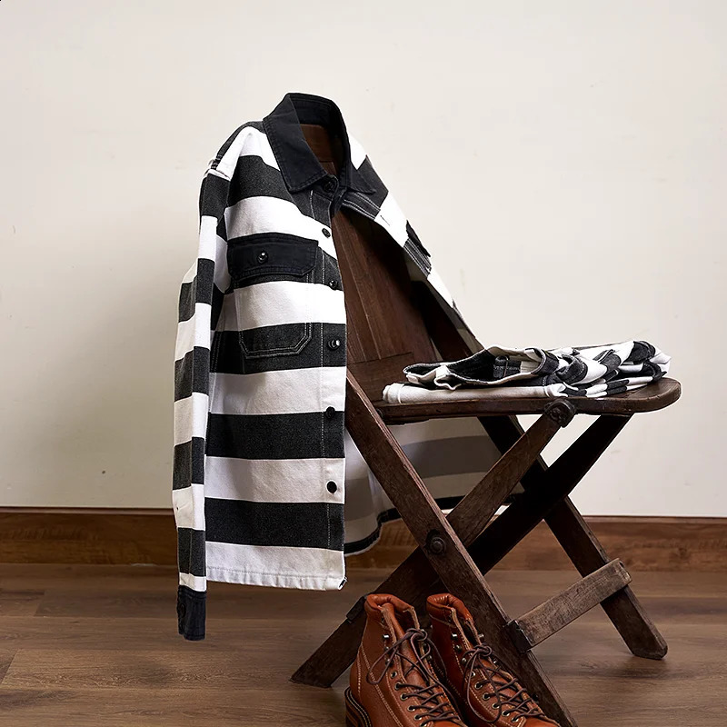 Autumn American Retro 16oz Heavy duty Prisoner Striped Jacket Mens Fashion Pure Cotton Washed Thick Canvas Motorcycle 240823
