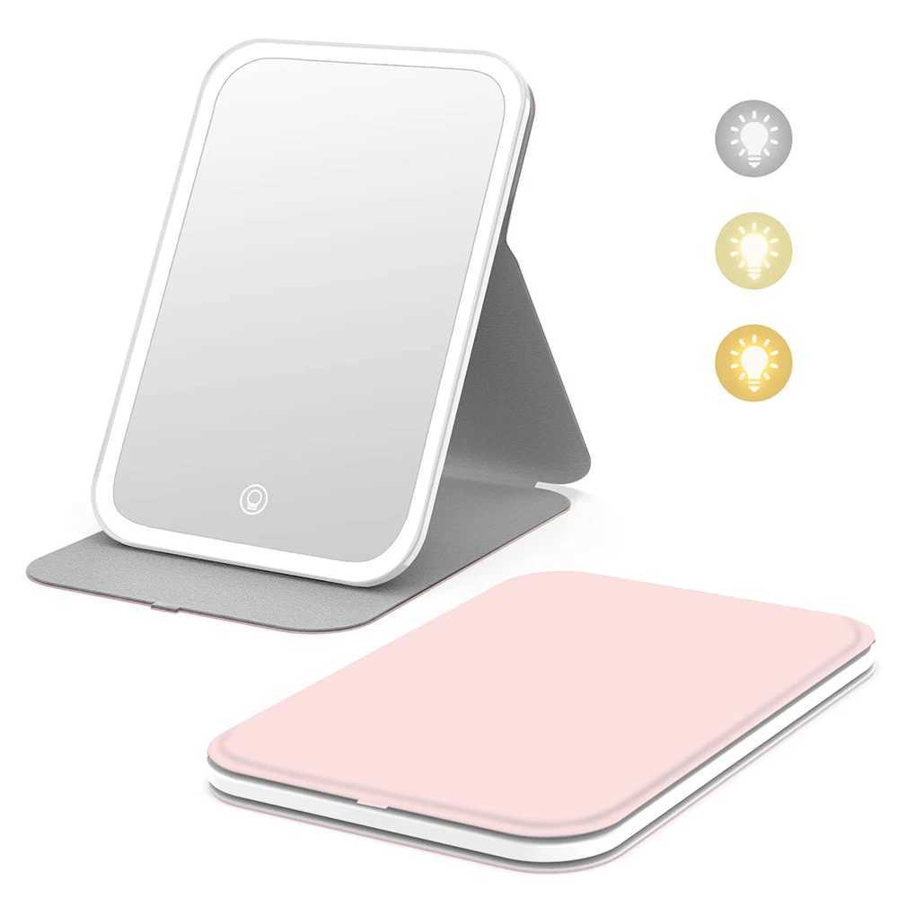 Travel Makeup Mirror With LED Light Rechargeable Vanity Mirror Desk Folding Cosmetic Mirror 3 Color LED Mirror Light For MakeupXJ241213