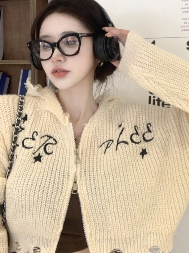 Deeptown Vintage Y2K Cropped Cardigan Women Harajuku Kpop Hollow Out Knitted Sweater Korean Fashion Zipper Knitwear Tops Grunge 240824