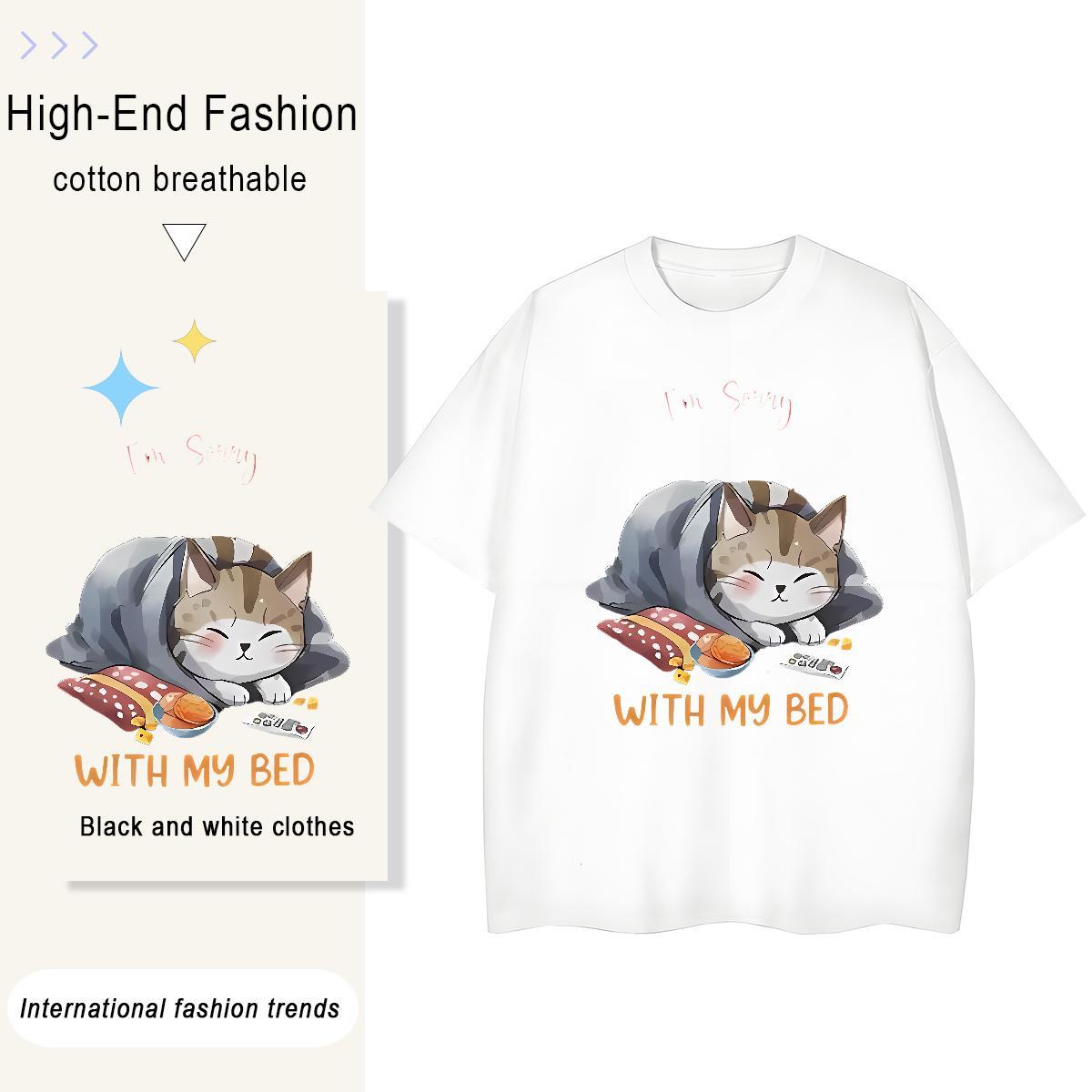 DIY Men Tees cat Casual 230g 100% Cotton Top Tees Breathable Crew Neck Classic Man T Shirts Customized
