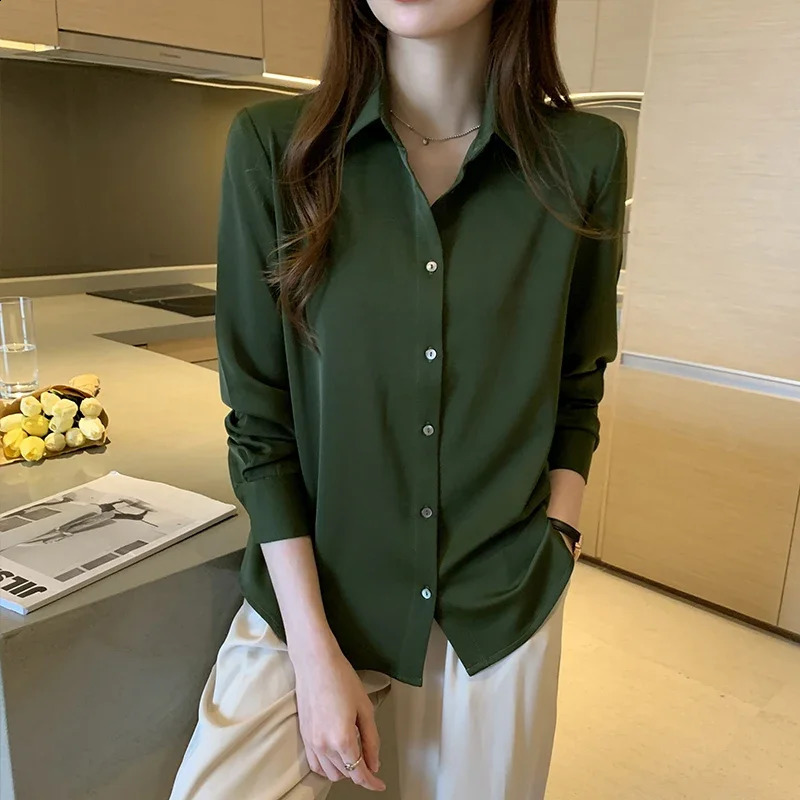 Satin Women Shirt OL Fashion Long Sleeve Blouse Woman Casual Shirts White Shirt Womens Tops Solid Basic Shirts and Blouses 240823