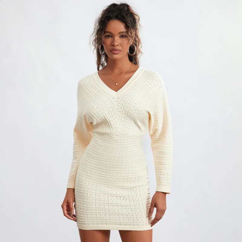 Women Slim Sweater Dress Elegant Long Sleeve V-neck Hollow Solid Bodycon Mini Dress 240823