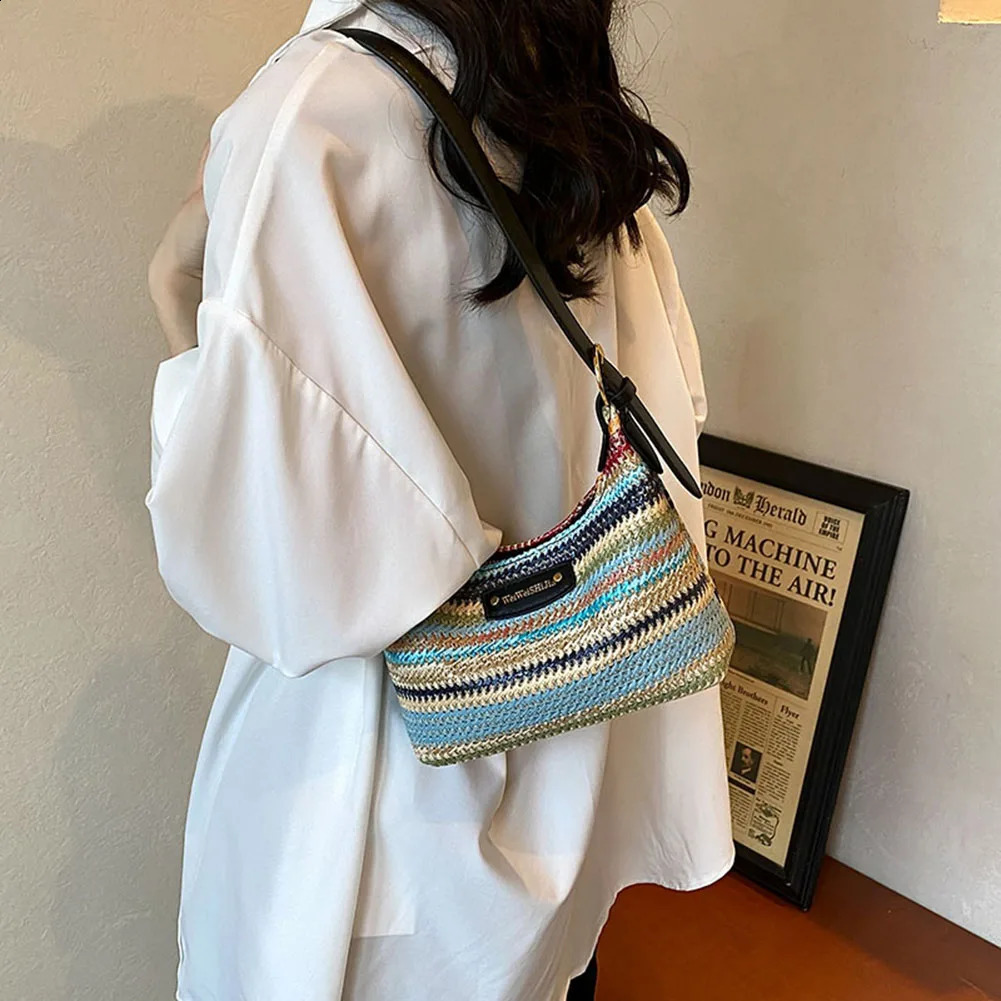 Fashion Straw Shoulder Bags Women Woven Top Handle Underarm Hobo Bag Crossbody Bag Summer Beach Travel Handbag Purse for Women 240823
