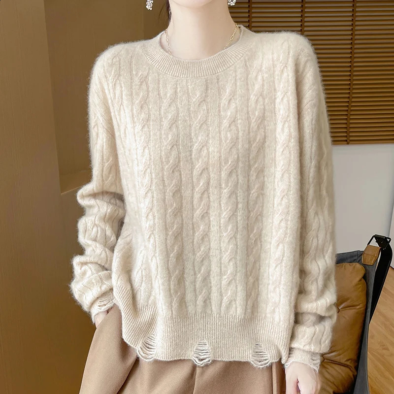 Womens pullover autumn/winter 100% wool sweater casual solid knitted sweater round neck loose Tops all-match distressed Blouse 240824