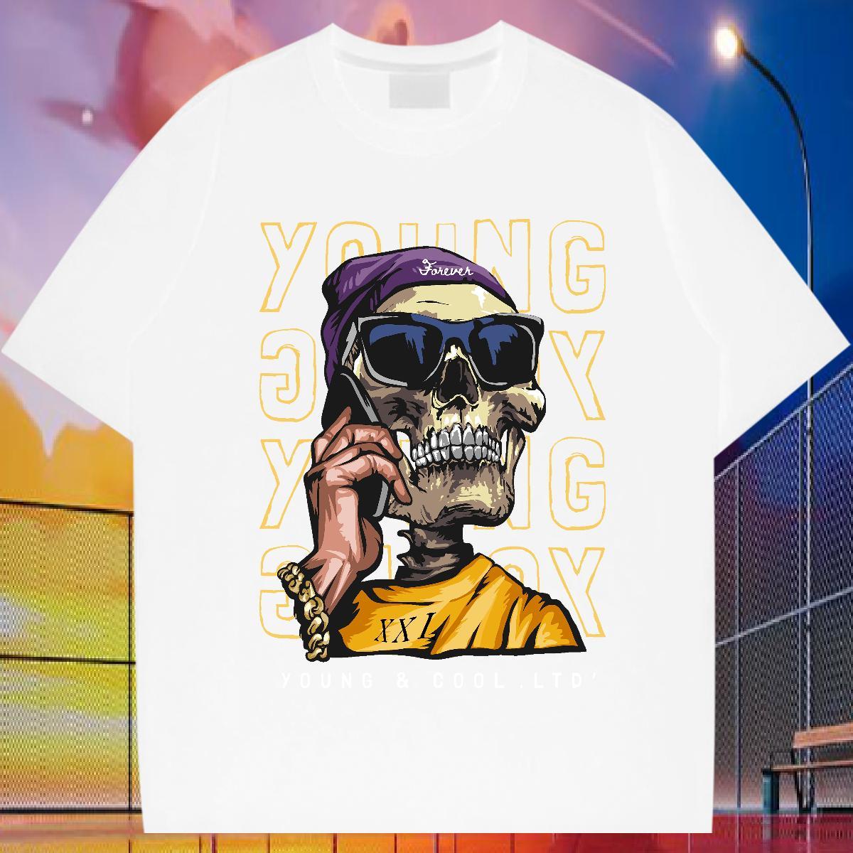 Classic T-Shirts 230g Pure Cotton skull Casual Beach Graphic Breathable Short Sleeve Men Tshirts Free Shipping Clothings